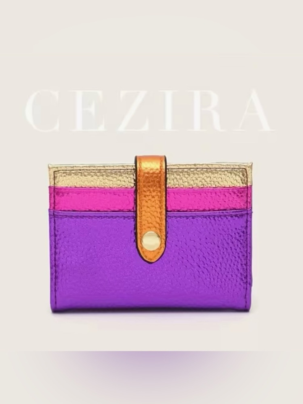 Metallic Purple & Pink Compact Wallet with Gold Strap